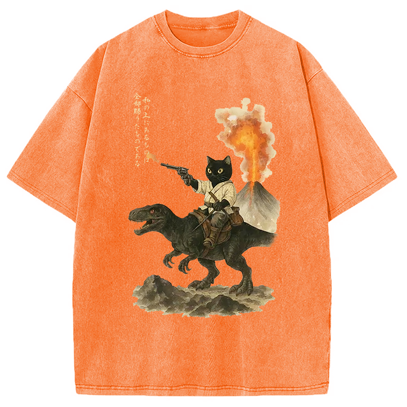 Modecanvas Cat Riding A Dinosaur Washed T-Shirt-modecanvas