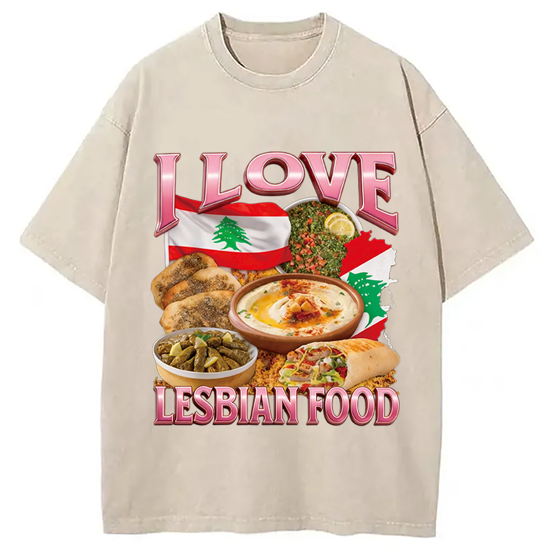Modecanvas I Love Lesbian Food Funny Meme Washed T-Shirt