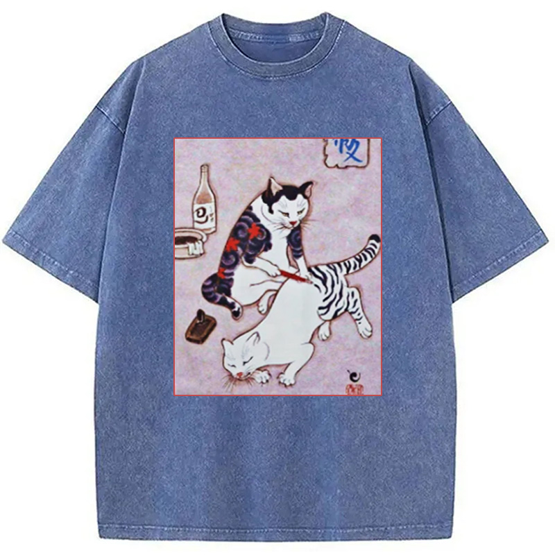Modecanvas Japanese Tattoo Cat Washed T-Shirt