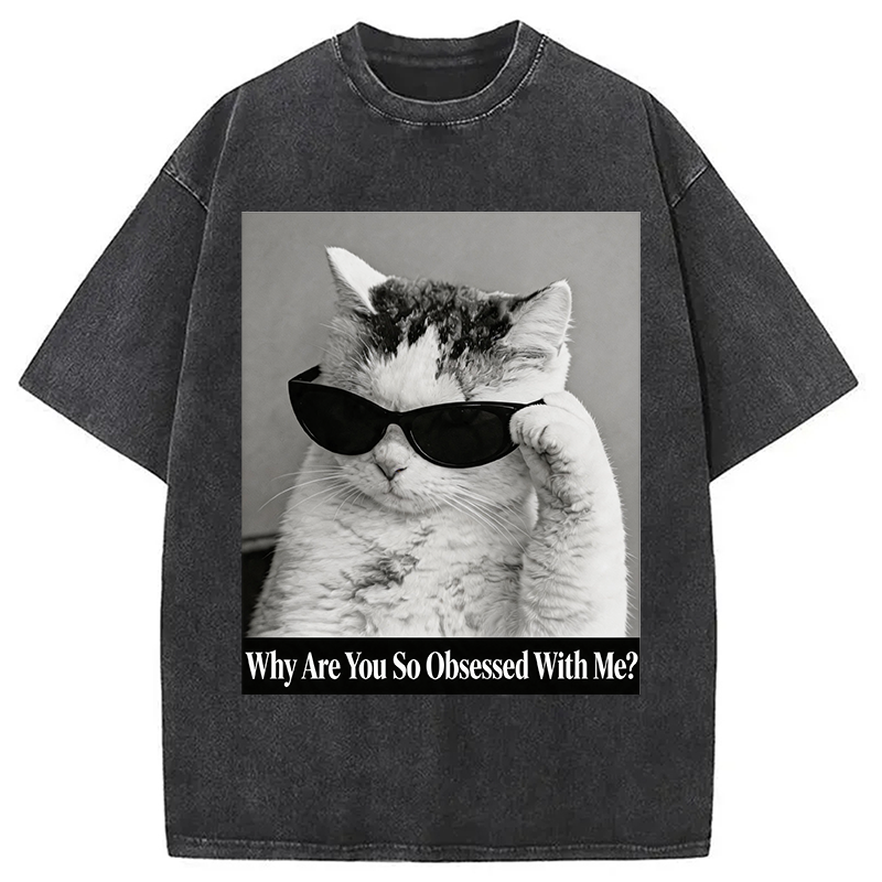 Modecanvas Why Are You So Obsessed WIth Me? Cat Meme DTG Printing Washed T-Shirt