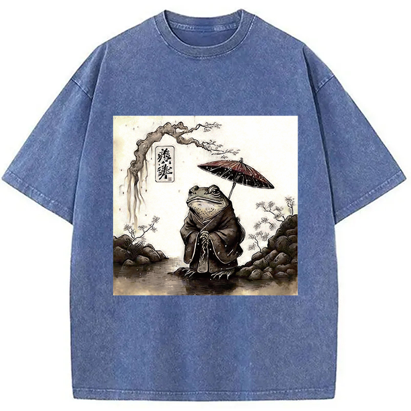 Modecanvas Rainy Day Frog DTG Printing Washed T-Shirt-modecanvas