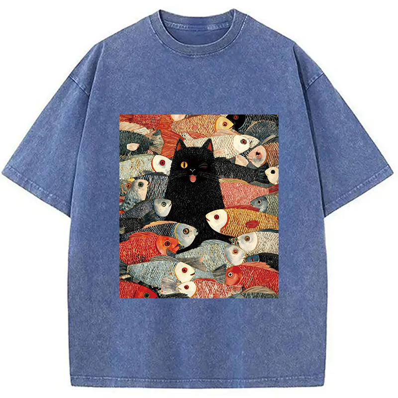 Modecanvas Black Cat Koi Fish Washed T-Shirt