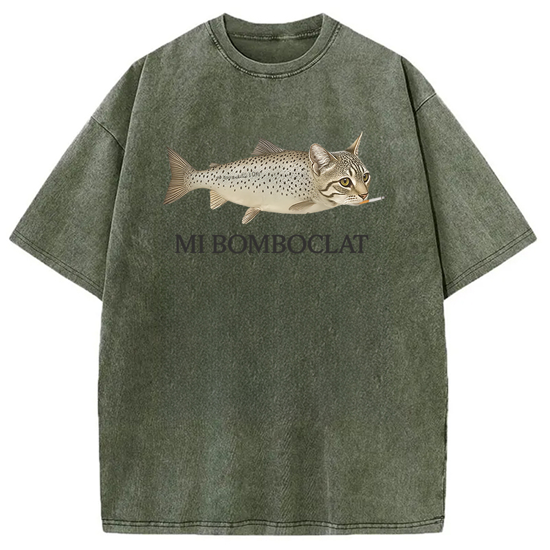 Modecanvas Bomboclat Fish Cat Meme Washed T-Shirt-modecanvas