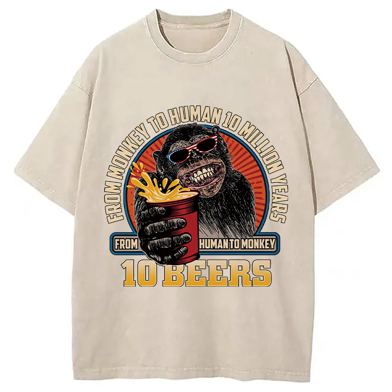 Modecanvas Human To Monkey In 10 Beers Funny Alcohol DTG Printing Washed T-Shirt