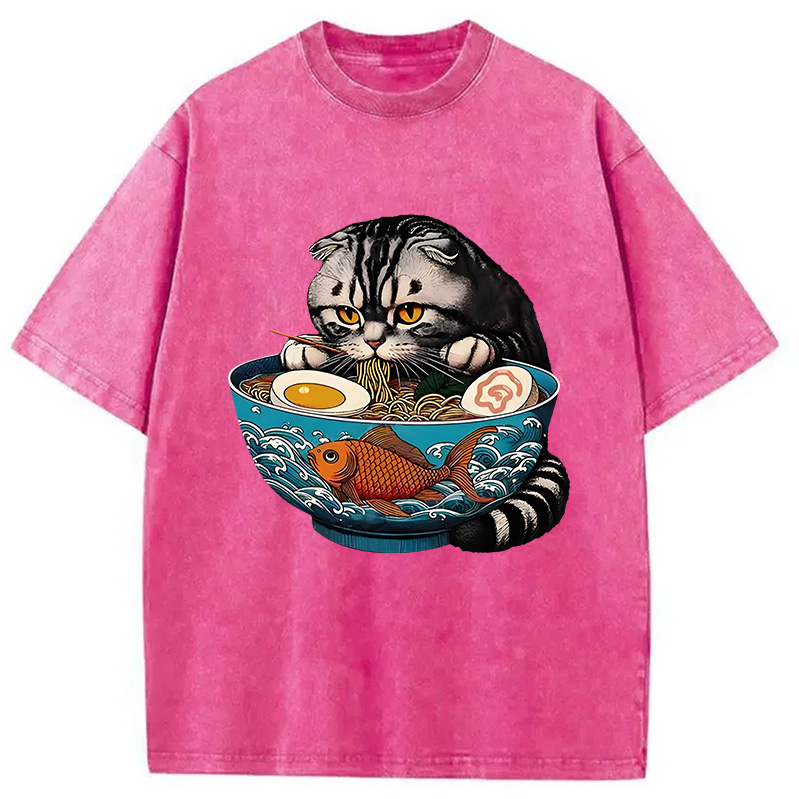 Modecanvas American Shorthair Cat Eating Ramen Washed T-Shirt