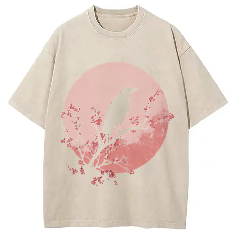 Modecanvas Crow Pink Moon DTG Printing Washed T-Shirt