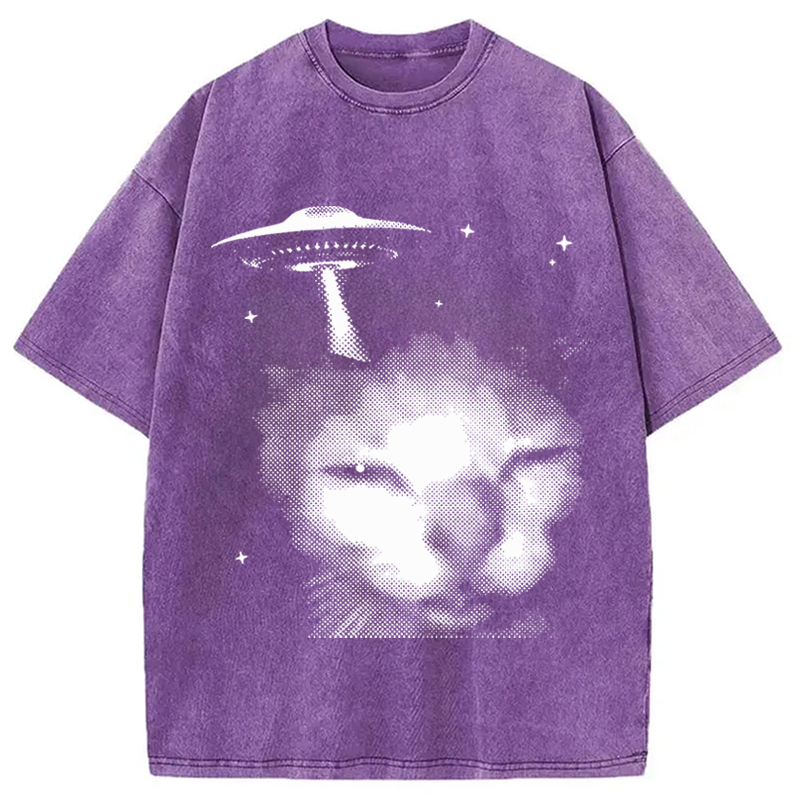 Modecanvas Alien Cat Meme UFO Vintage DTG Printing Washed T-Shirt