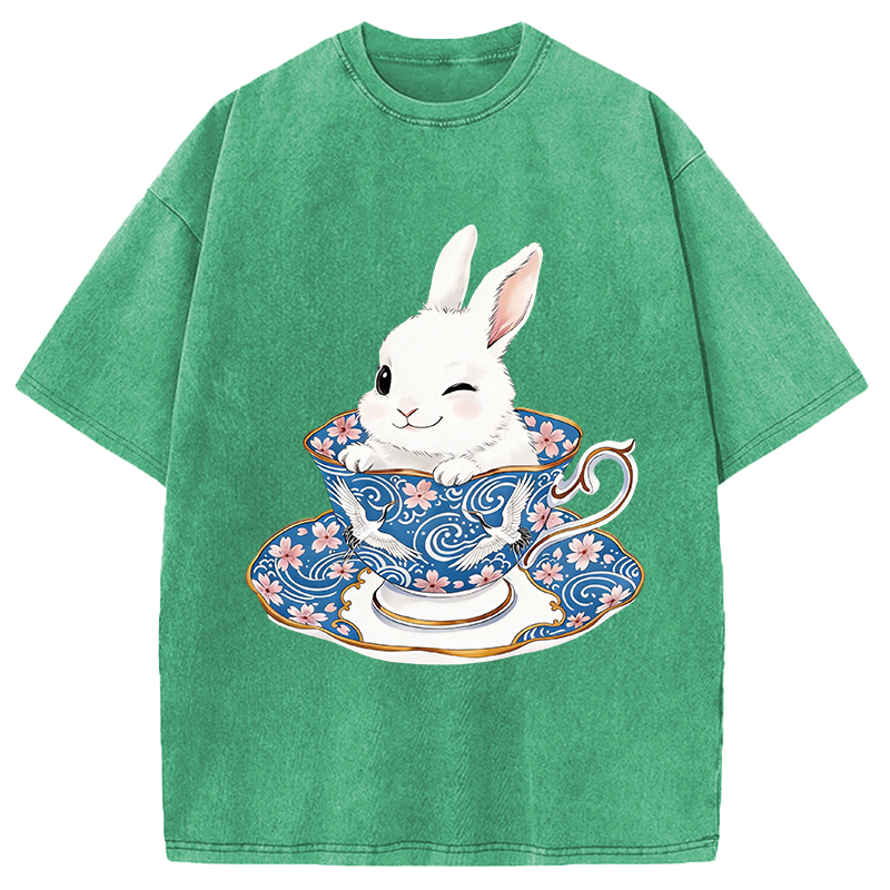 Modecanvas Cute Rabbit Tea Set DTG Printing Washed T-Shirt