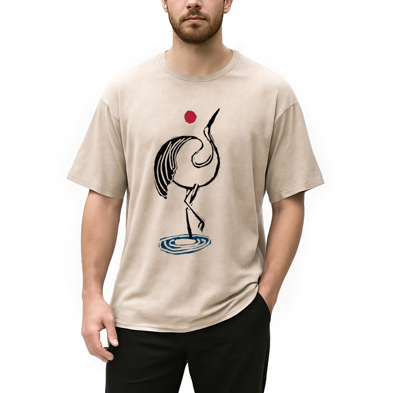 Modecanvas Japanese Crane Linocut DTG Printing Washed T-Shirt-modecanvas