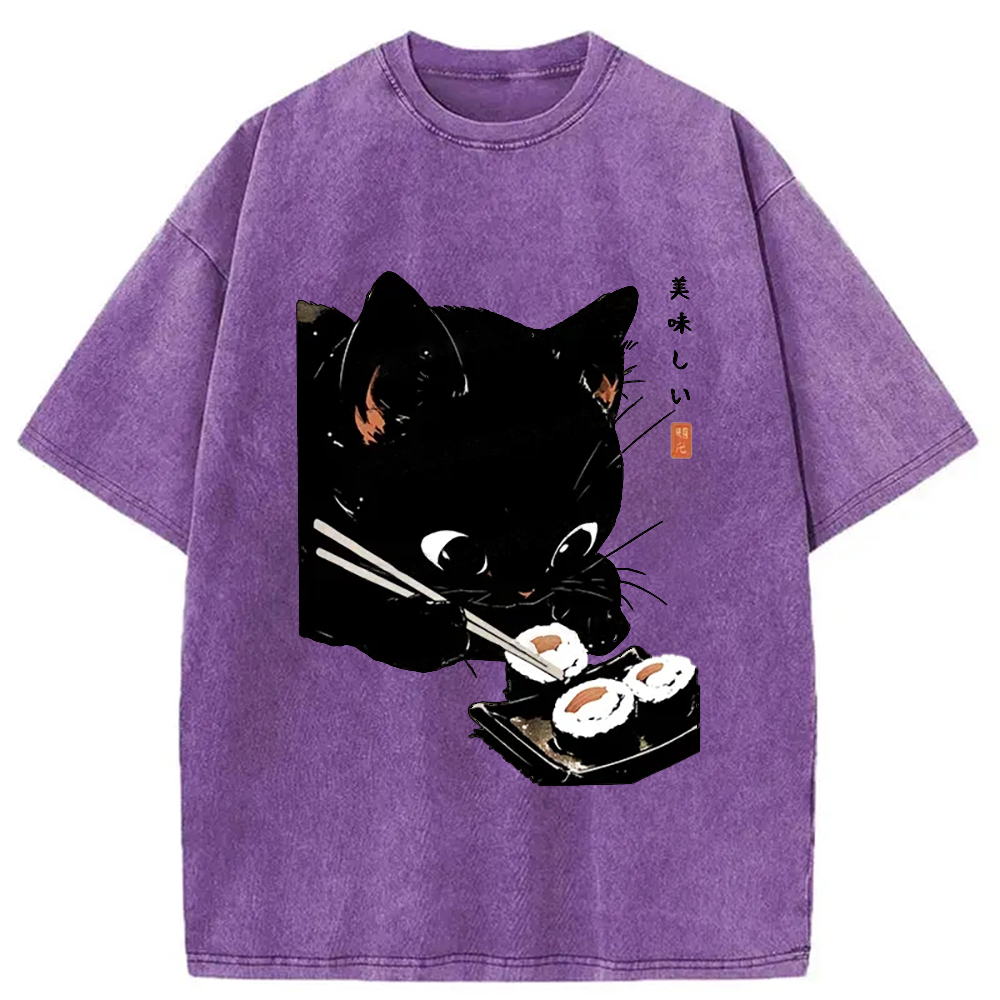 Modecanvas Cat Eating Rice Balls Washed T-Shirt