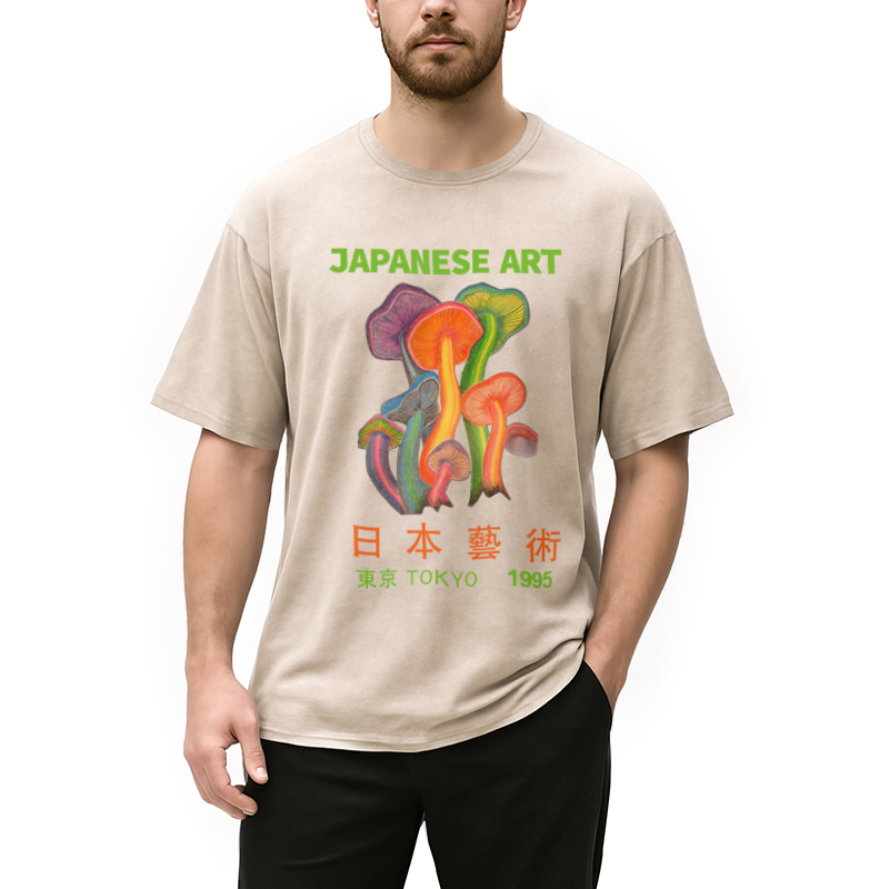 Modecanvas Colorful Mushrooms Japanese Art Washed T-Shirt
