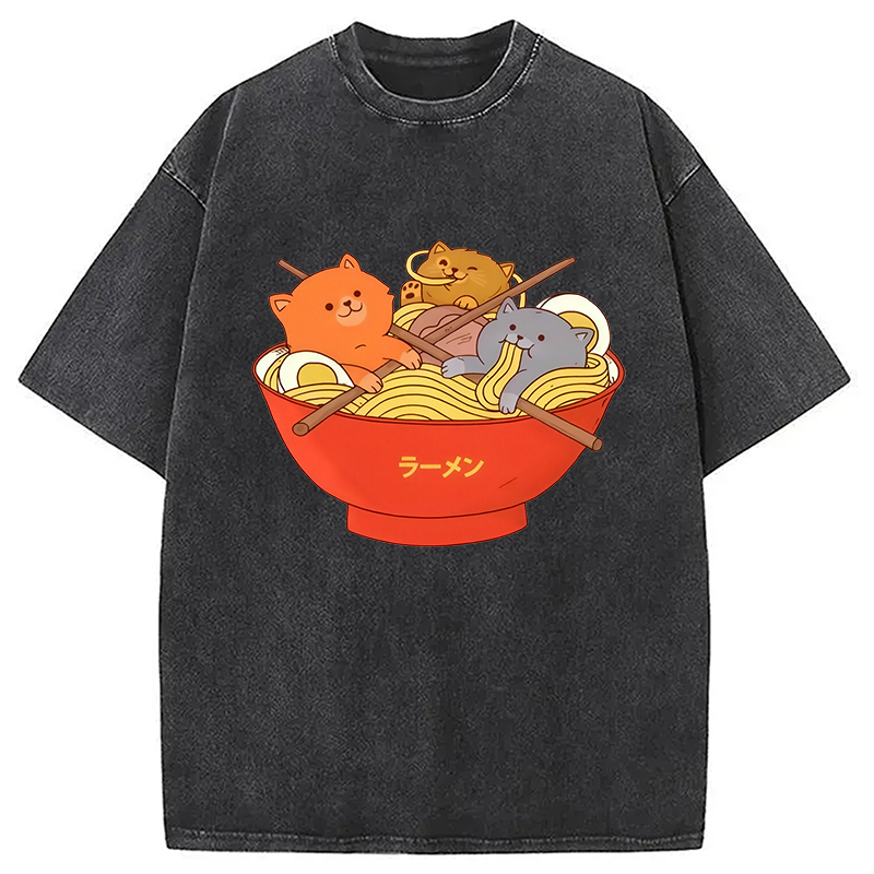 Modecanvas Cute Cat Ramen Washed T-Shirt