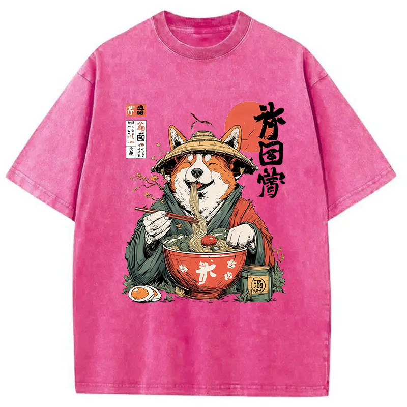 Modecanvas Corgi Eating Ramen DTG Printing Washed T-Shirt-modecanvas
