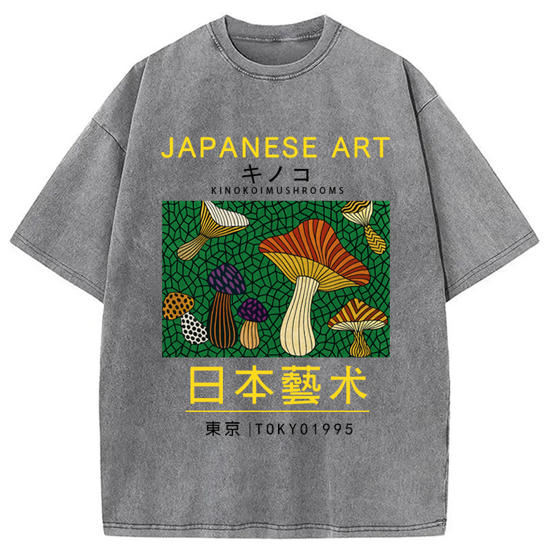 Modecanvas Japanese Art Colorful Mushrooms Washed T-Shirt