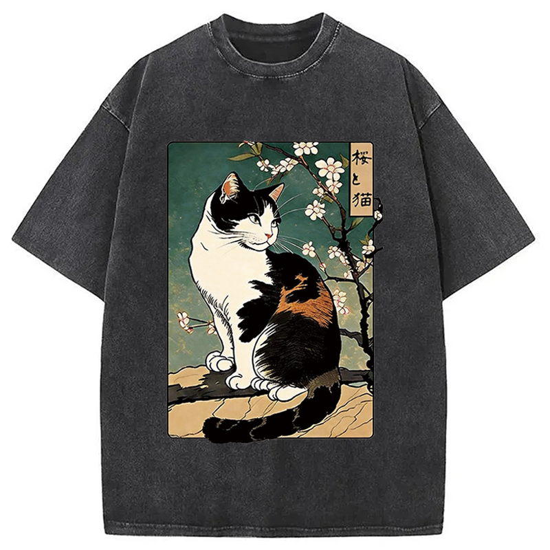Modecanvas The Cat Under the Sakura DTG Printing Washed T-Shirt-modecanvas