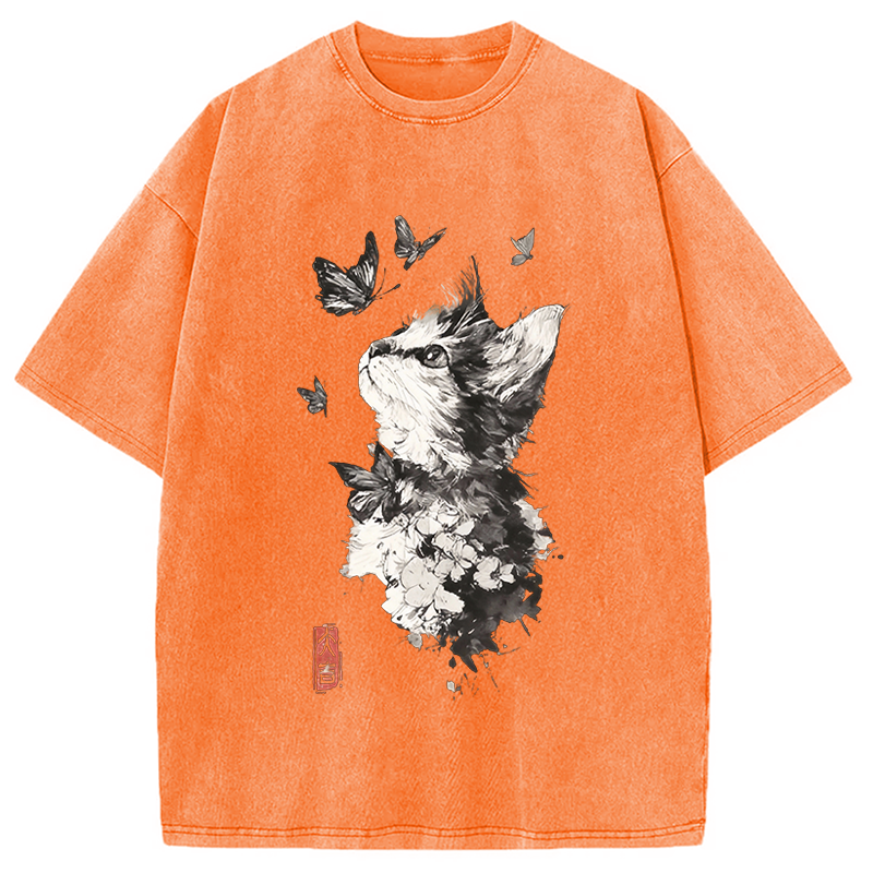 Modecanvas Butterfly and Cat Gaze DTG Printing Washed T-Shirt-modecanvas