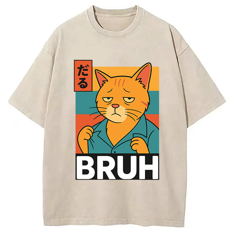 Modecanvas Funny Cat Bruh Meme Washed T-Shirt