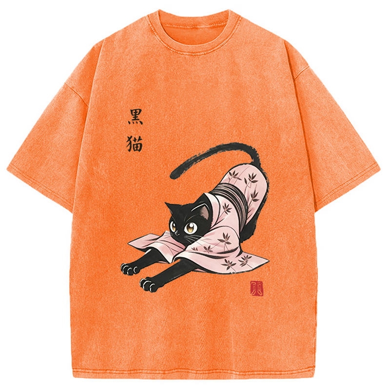 Modecanvas Yoga Black Cat DTG Printing Washed T-Shirt