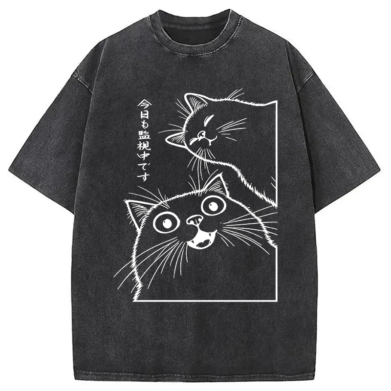 Modecanvas Two Cats Are Watching DTG Printing Washed T-Shirt
