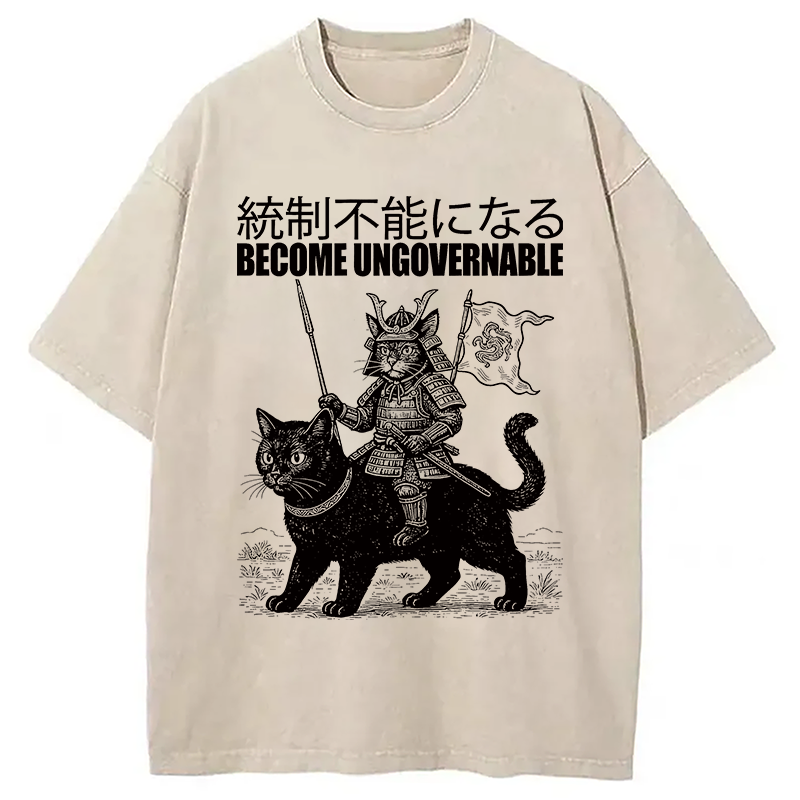 Modecanvas Become Ungovernable Japanese Funny Cat Samurai Riding A Cat DTG Printing Washed T-Shirt-modecanvas