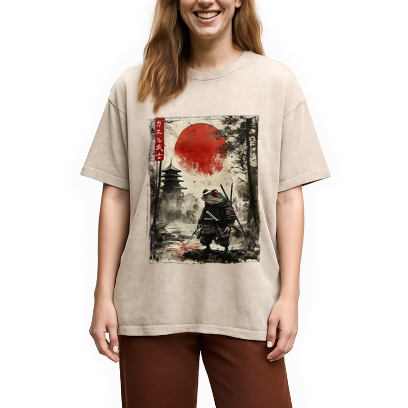 Modecanvas Retro Frog Samurai Japan Washed T-Shirt