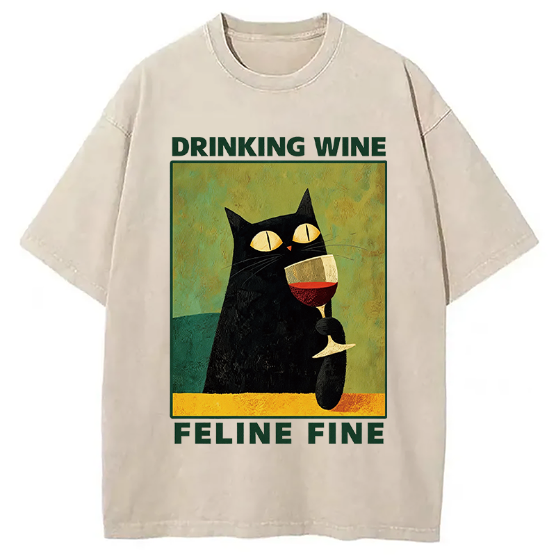 Modecanvas Drinking Wine Feline Wine DTG Printing Washed T-Shirt