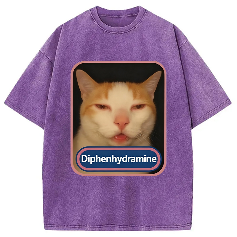 Modecanvas Pink Diphenhydramine Meme Cat Washed T-Shirt-modecanvas