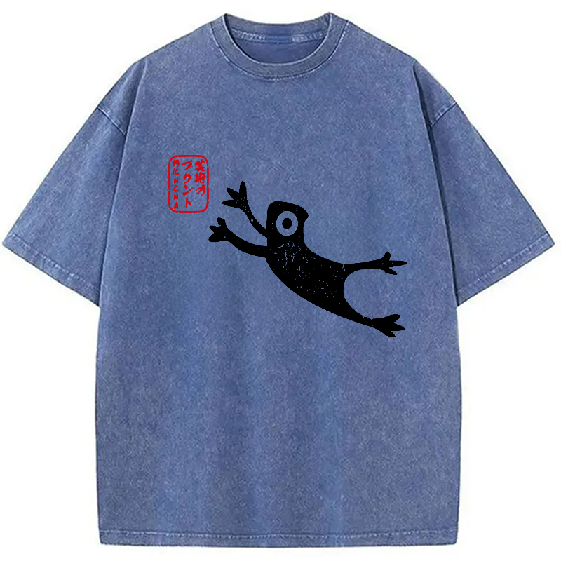 Modecanvas Funny Grumpy Japanese Frog Washed T-Shirt