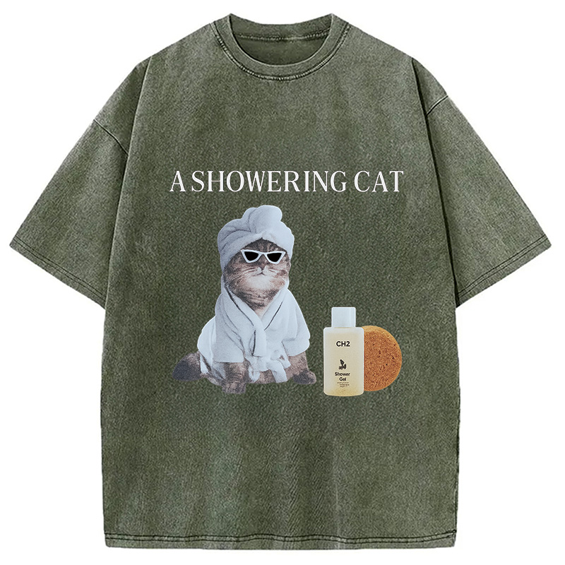 Modecanvas A Showering Cat Washed T-Shirt