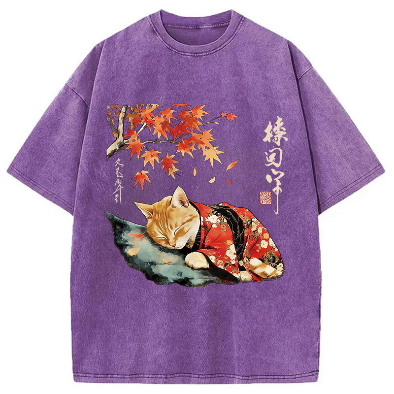 Modecanvas Kimono Neko Art DTG Printing Washed T-Shirt-modecanvas