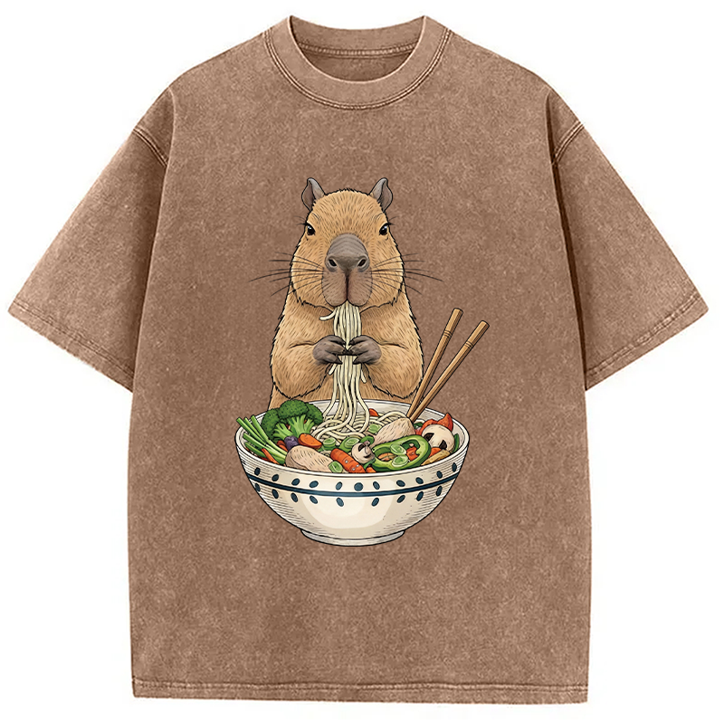 Modecanvas Funny Capybara Eating Ramen DTG Printing Washed T-Shirt