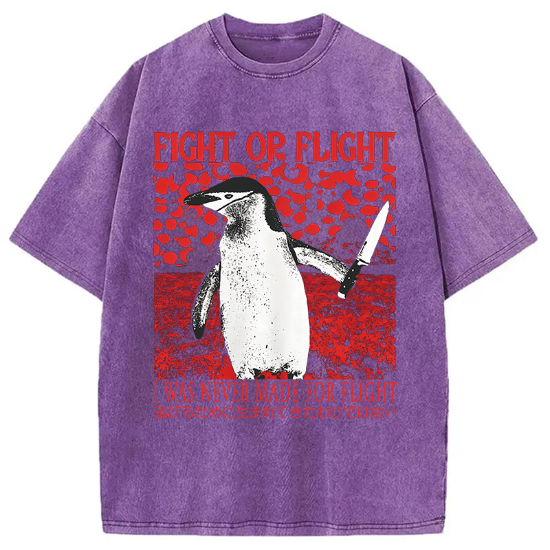 Modecanvas Vintage Japanese Funny Penguin DTG Printing Washed T-Shirt-modecanvas