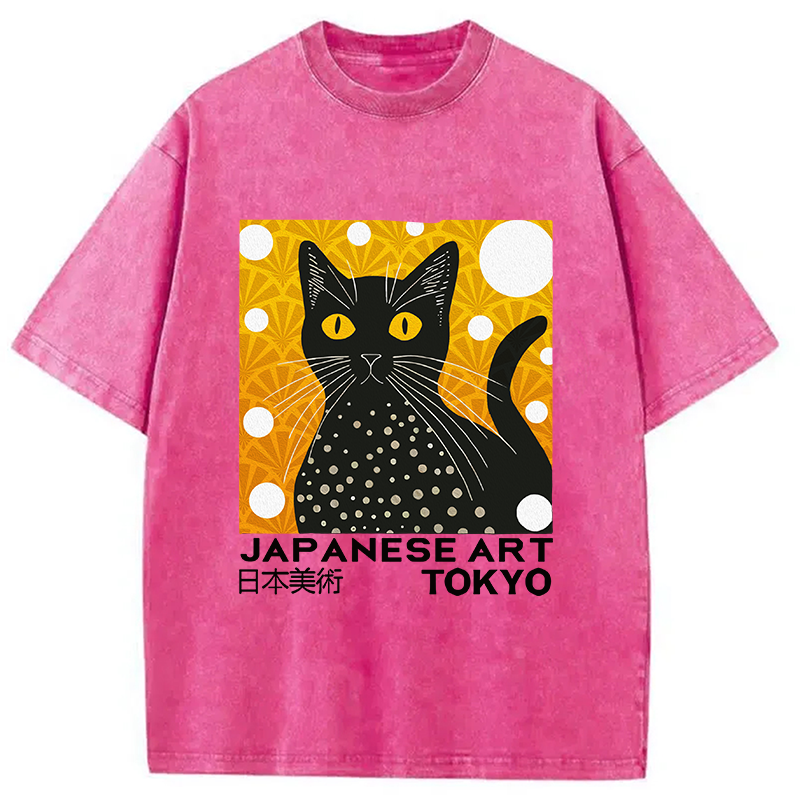 Modecanvas Black Cat Janpanese Art Washed T-Shirt