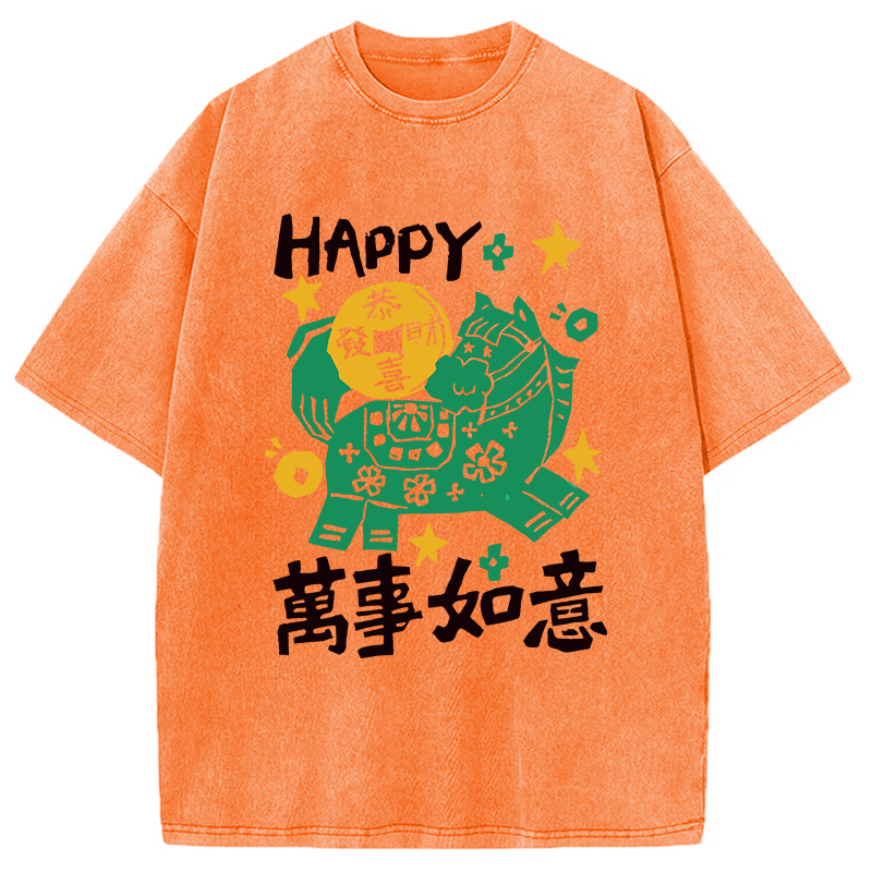Modecanvas Happy Horse Best Wishes DTG Printing Washed T-Shirt-modecanvas