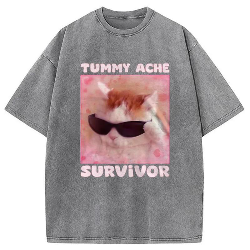 Modecanvas Tummy Ache Survivor Funny Cat Meme Washed T-Shirt-modecanvas