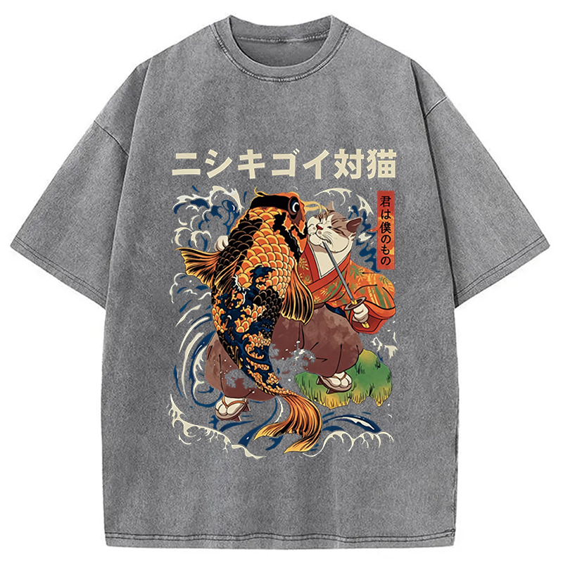 Modecanvas The Cat And The Koi DTG Printing Washed T-Shirt