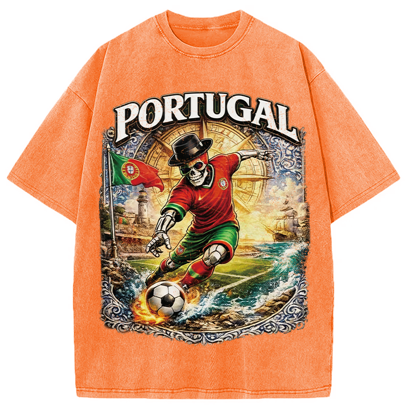 Modecanvas Portugal Soccer Skull DTG Printing Washed T-Shirt