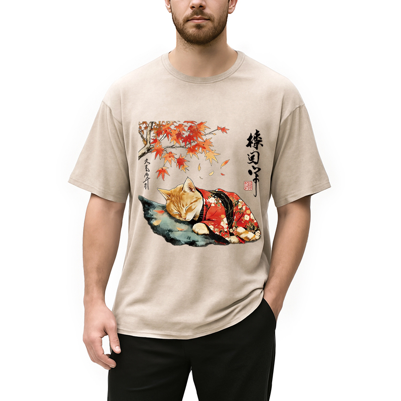 Modecanvas Kimono Neko Art DTG Printing Washed T-Shirt-modecanvas