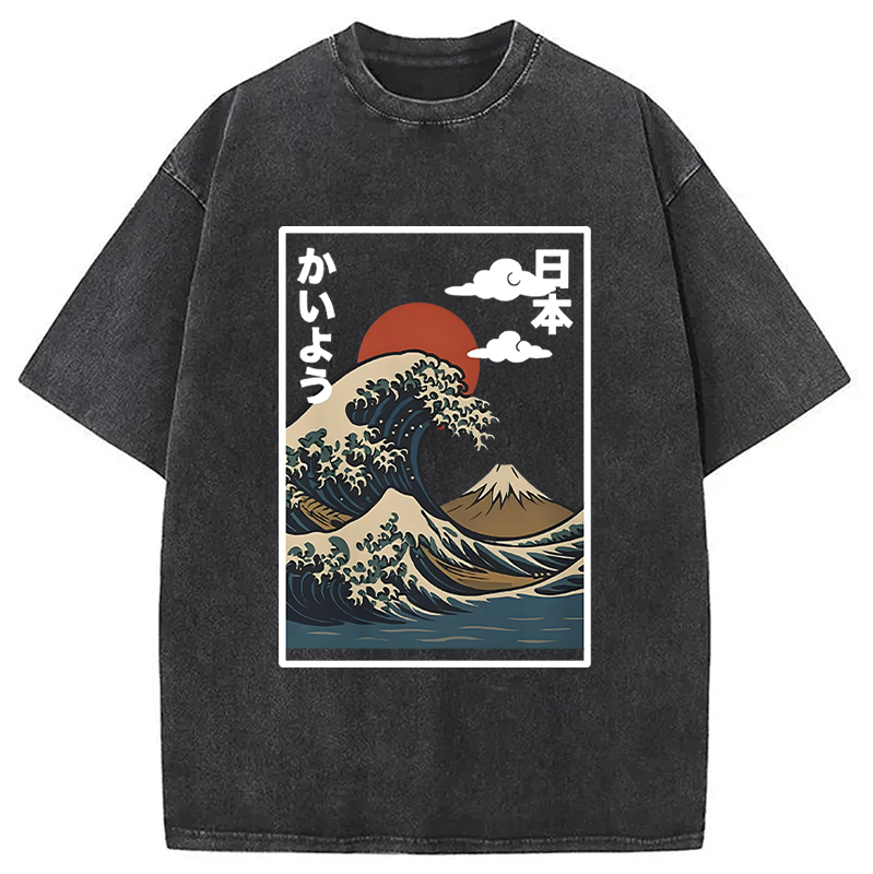 Modecanvas Ocean Wave Sun Japan Washed T-Shirt