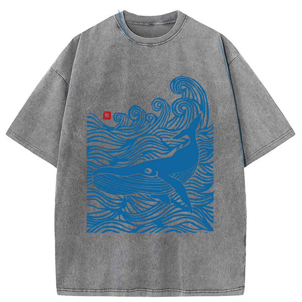Modecanvas Woodcut Whale Washed T-Shirt-modecanvas