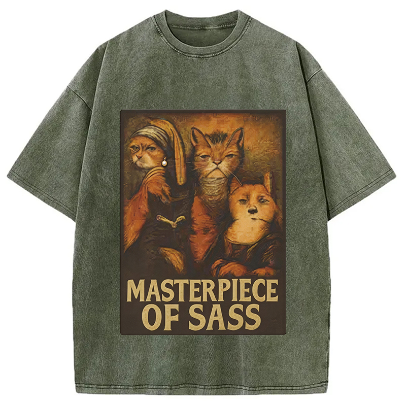 Modecanvas Funny Cat Parody DTG Printing Washed T-Shirt