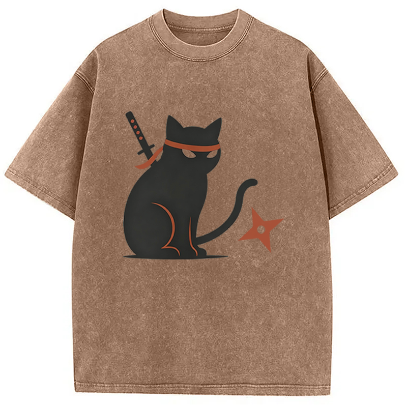 Modecanvas Japanese Ninja Neko Kimono Cat DTG Printing Washed T-Shirt