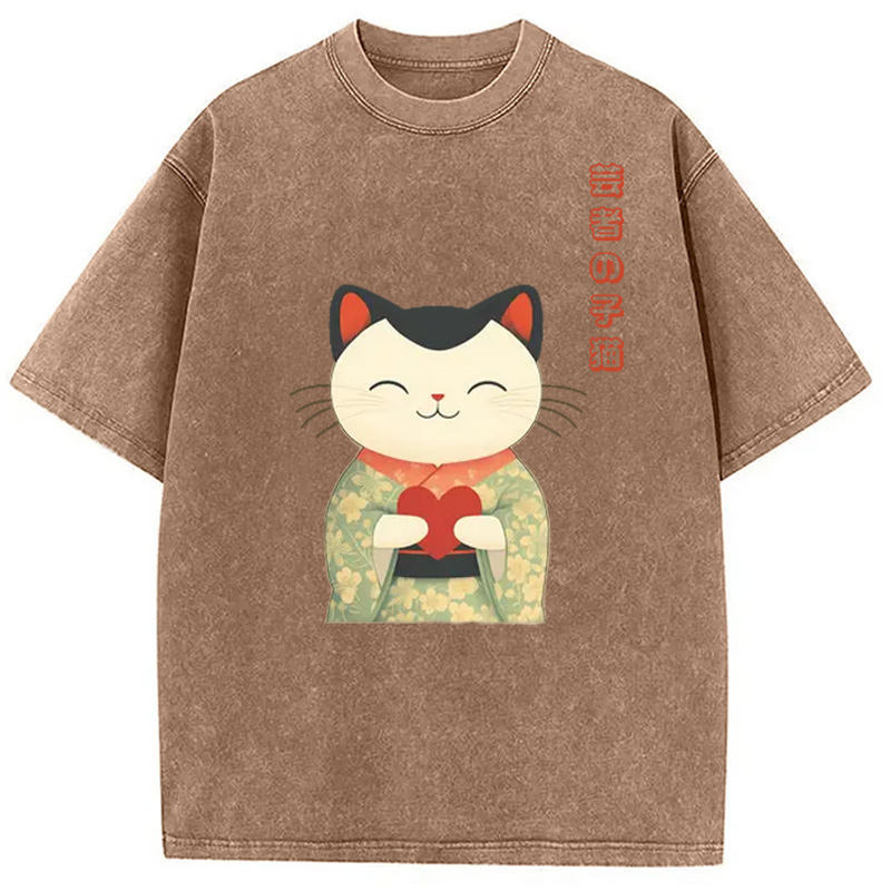 Modecanvas Japanese Maneki Geisha Kitty Washed T-Shirt