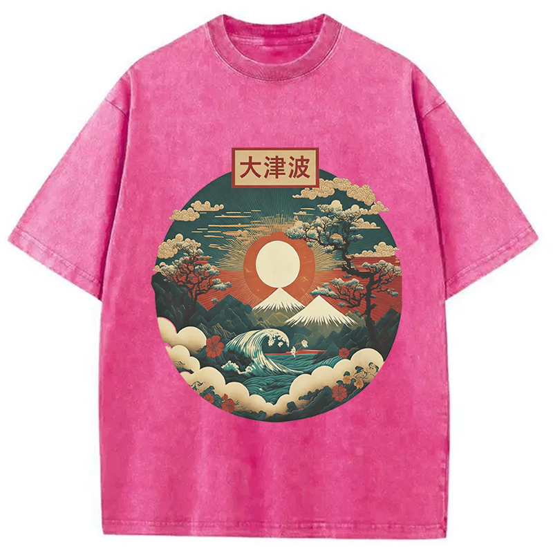 Modecanvas Japanese Red Sunset DTG Printing Washed T-Shirt