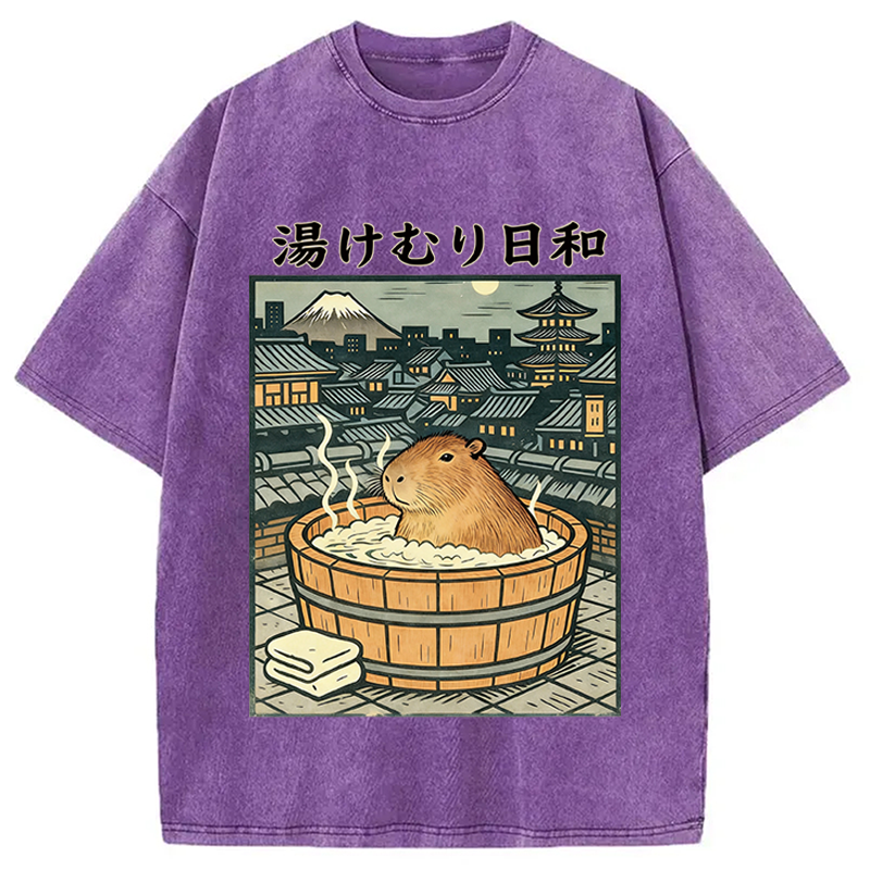 Modecanvas Capybara Bath DTG Printing Washed T-Shirt