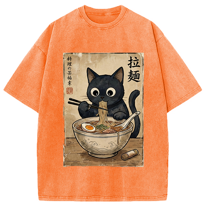 Modecanvas Kawaii Ramen Cat Retro DTG Printing Washed T-Shirt