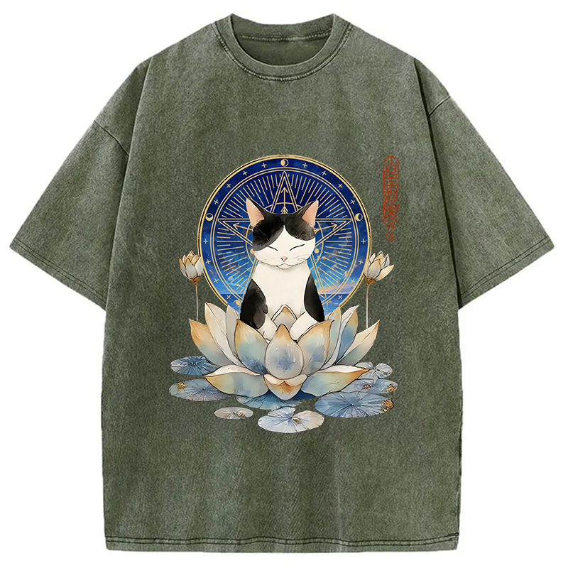 Modecanvas Funny Cat Lotus Zen Auspiciousness Washed T-Shirt
