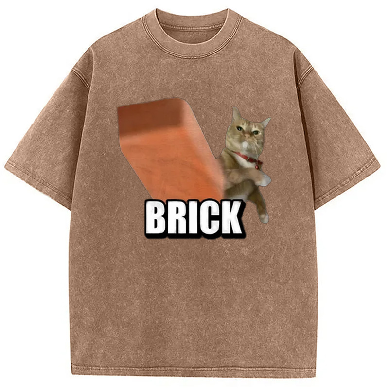 Modecanvas Funny Cat Throwing Brick Washed T-Shirt