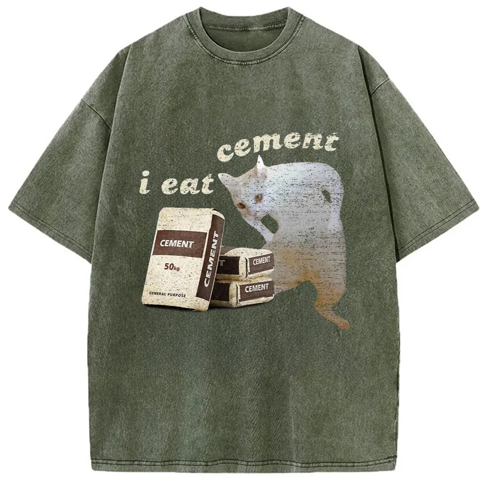 Modecanvas I Eat Cement White Cat Washed T-Shirt