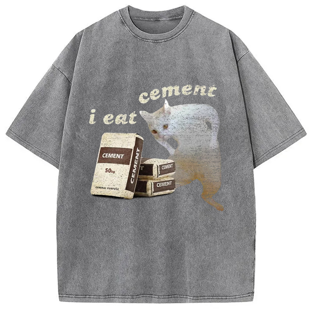Modecanvas I Eat Cement White Cat Washed T-Shirt